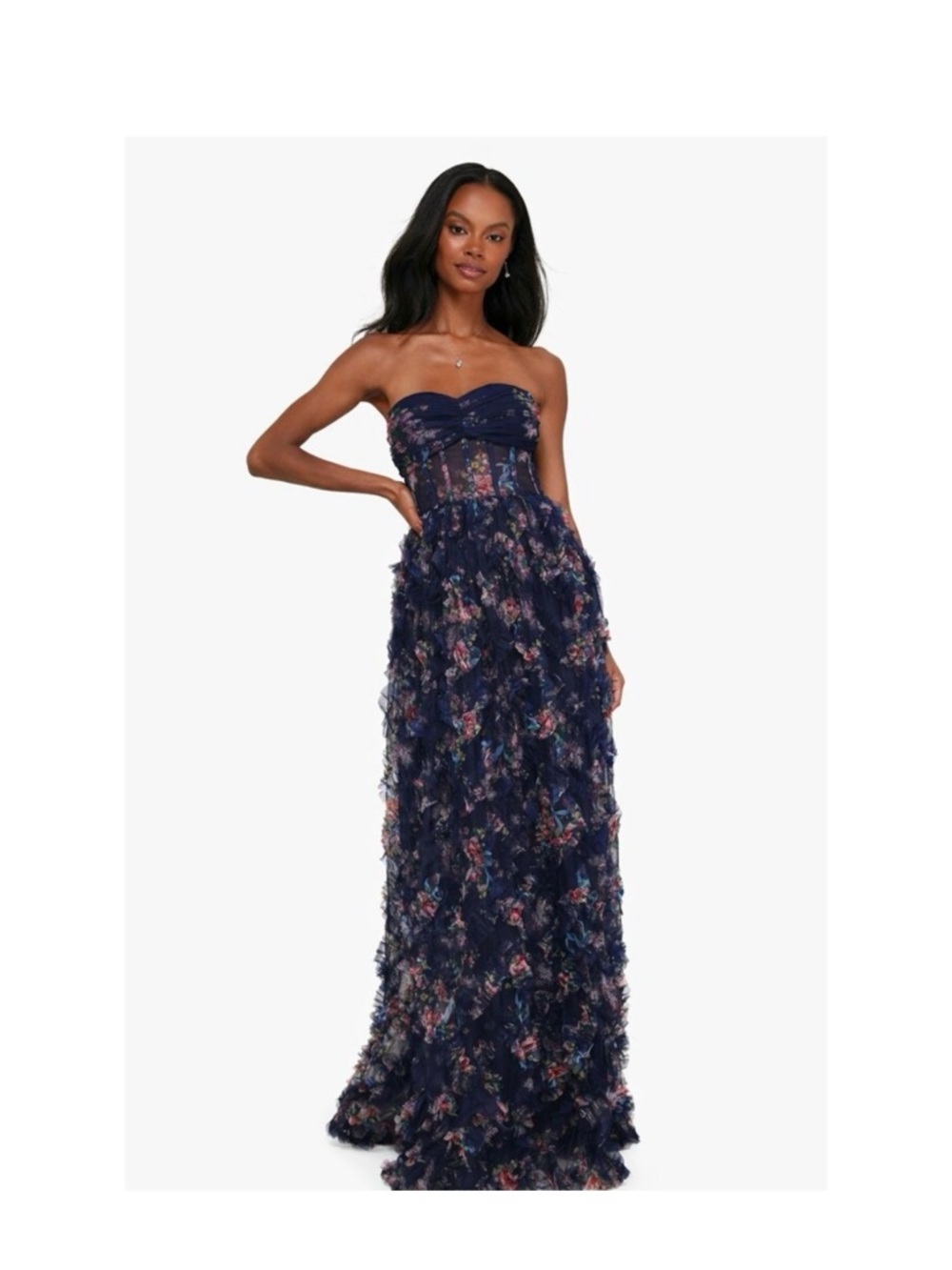 Lulu's Navy Floral Strapless Midi Dress